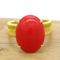 Anel Aramado Oval com Coral, em Ouro Amarelo 18 Kilates